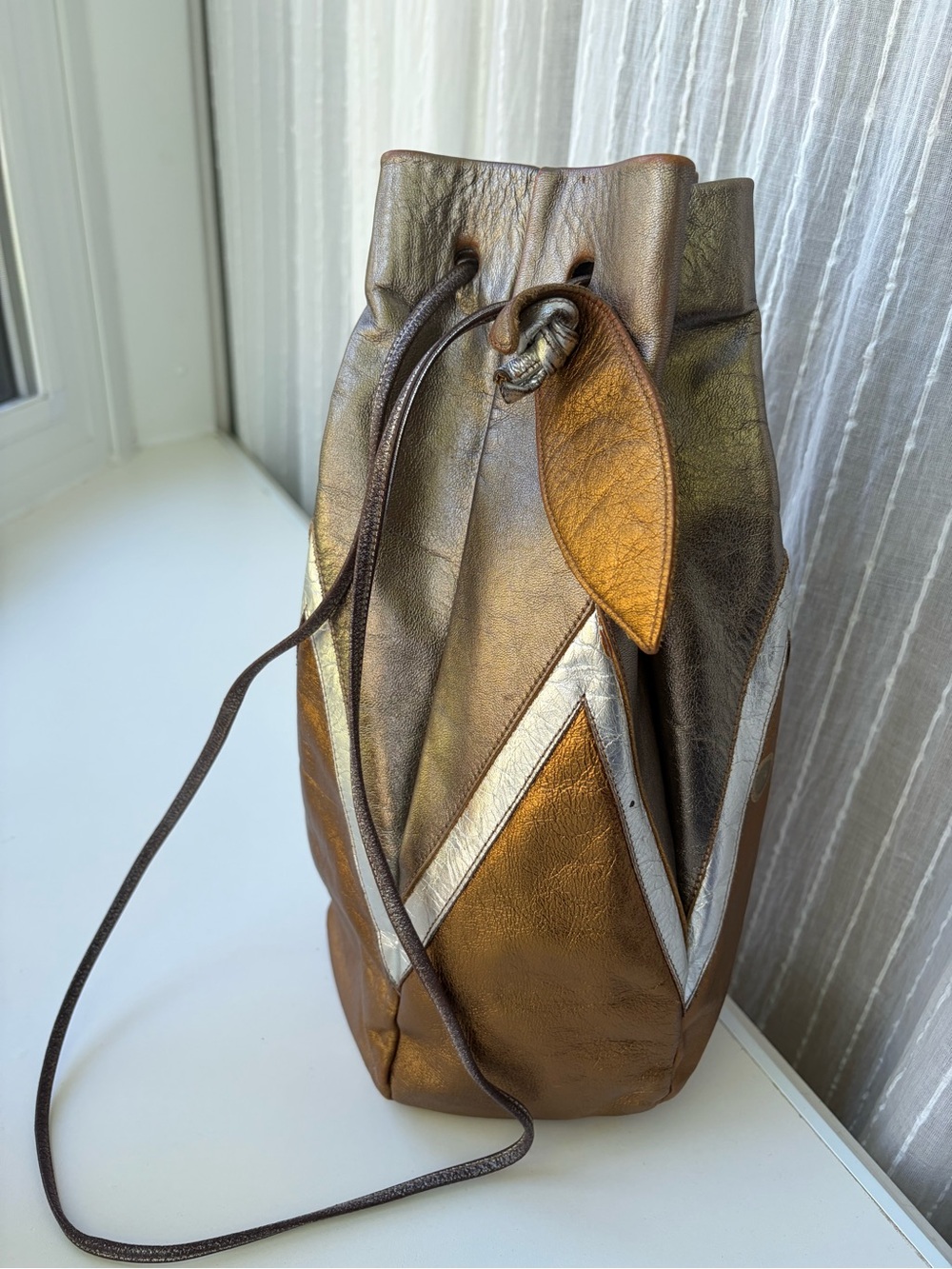 Vtg Holt Renfrew Metallic Leather Bucket Bag Italy Drawstring Patchwork 35" Y2K